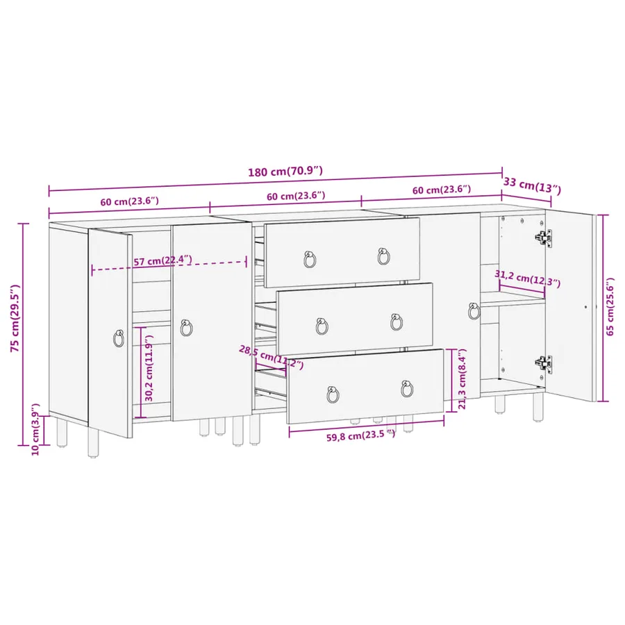 Armoires latérales 3 pcs 60x33x75 cm bois massif de manguier - 14