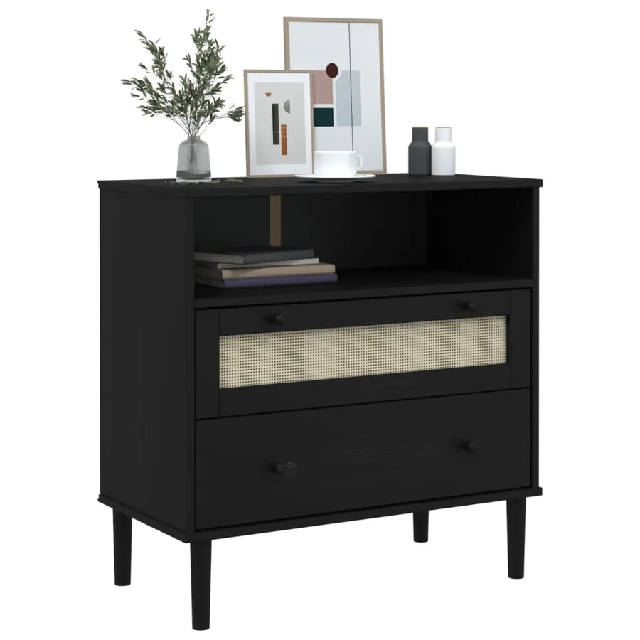 Buffet SENJA aspect rotin noir 80x40x80 cm bois massif de pin - 3