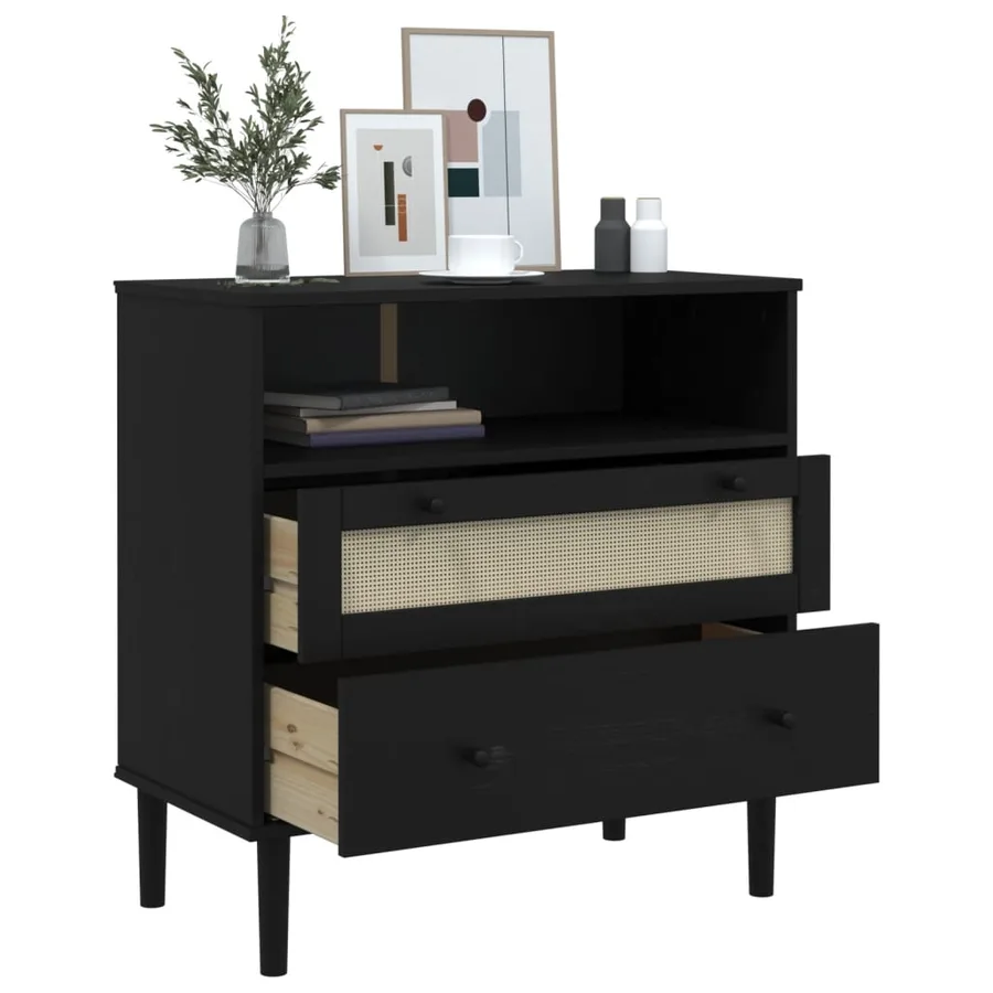 Buffet SENJA aspect rotin noir 80x40x80 cm bois massif de pin - 4