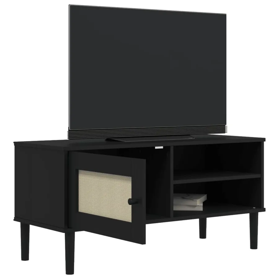 Meuble TV SENJA aspect rotin noir 106x40x49cm bois massif pin - 4