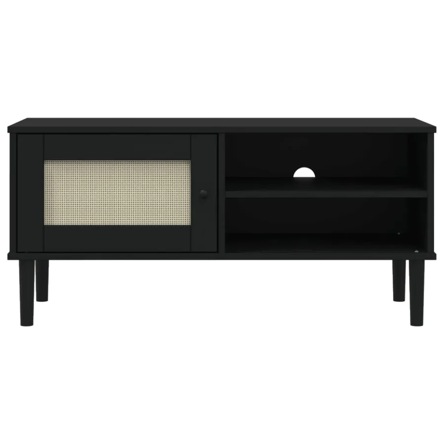 Meuble TV SENJA aspect rotin noir 106x40x49cm bois massif pin - 5