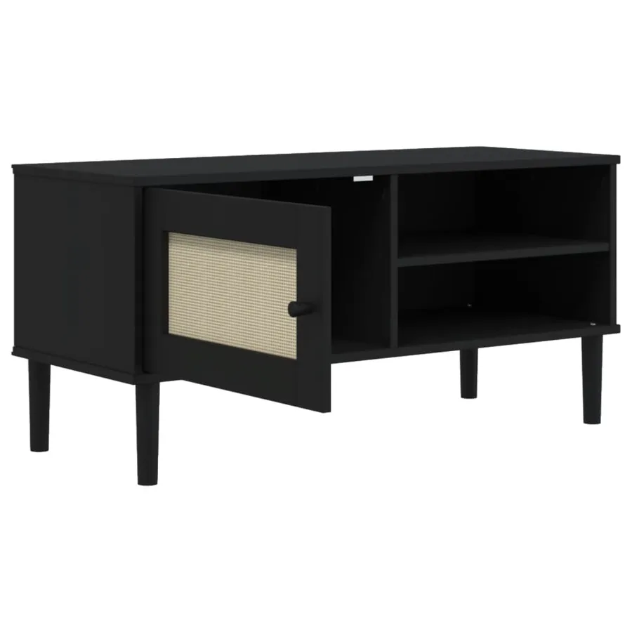 Meuble TV SENJA aspect rotin noir 106x40x49cm bois massif pin - 6
