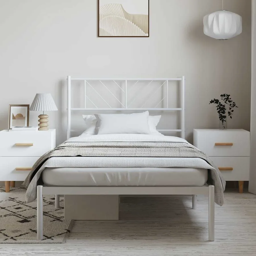 Cadre de lit métal sans matelas et tête de lit blanc 100x190 cm