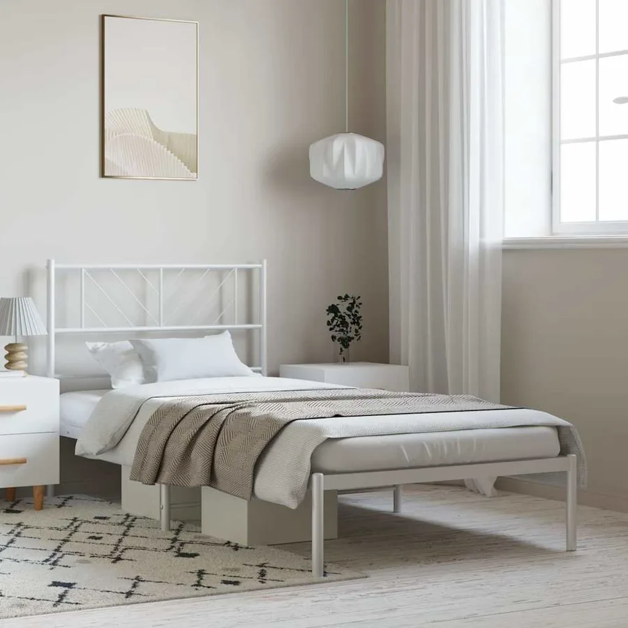 Cadre de lit métal sans matelas et tête de lit blanc 100x190 cm - 3