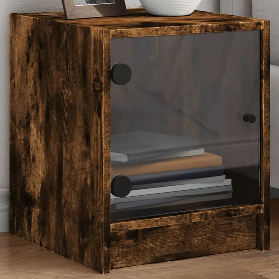 Tables de chevet et portes vitrées 2 pcs chêne fumé 35x37x42 cm