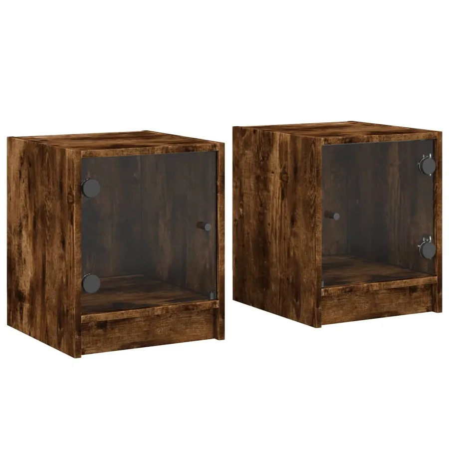 Tables de chevet et portes vitrées 2 pcs chêne fumé 35x37x42 cm - 2
