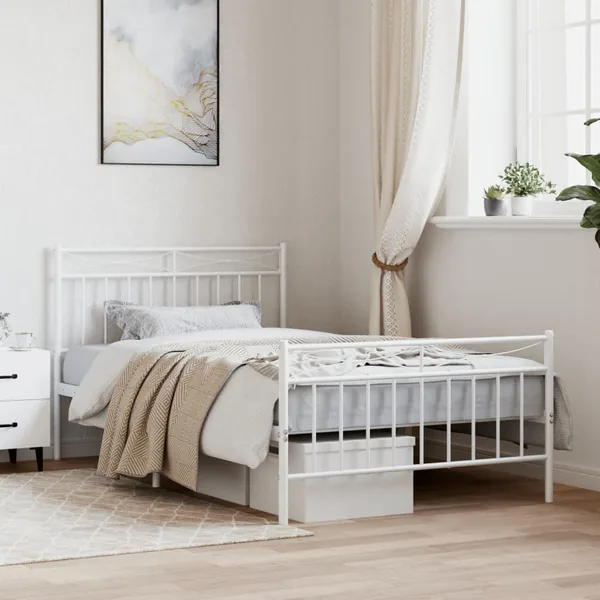 Cadre de lit métal sans matelas et pied de lit blanc 107x203 cm