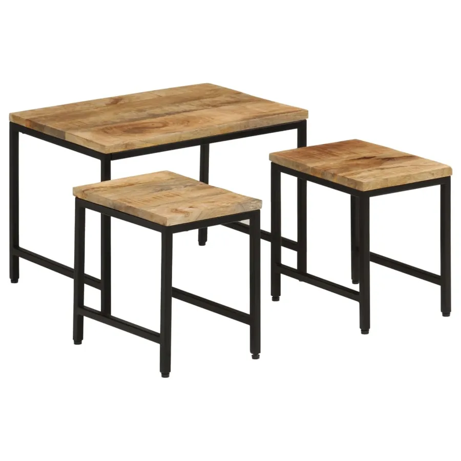 Tables basses gigognes 3pcs bois de manguier massif brut et fer - 10