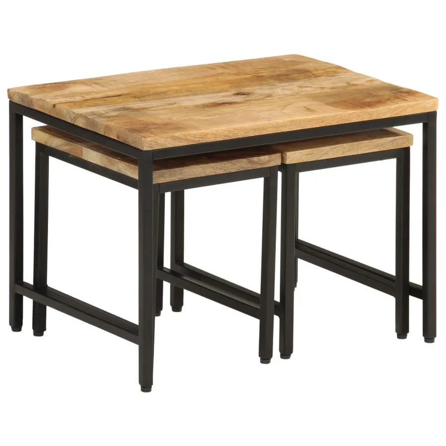 Tables basses gigognes 3pcs bois de manguier massif brut et fer - 2