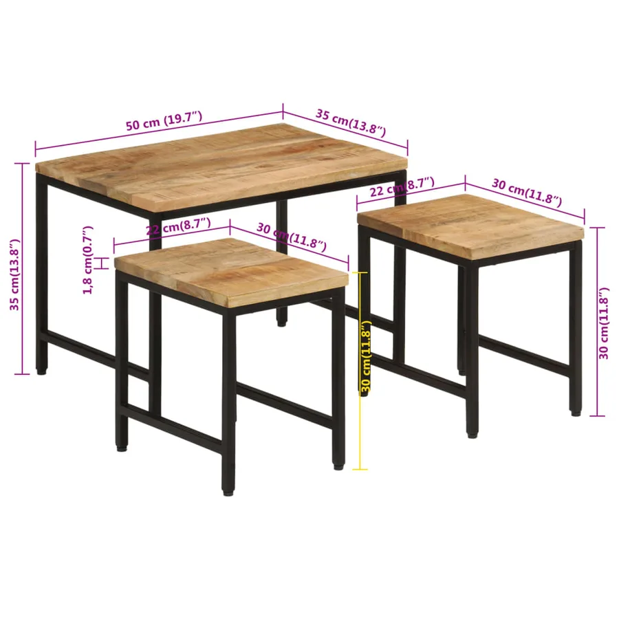 Tables basses gigognes 3pcs bois de manguier massif brut et fer - 9