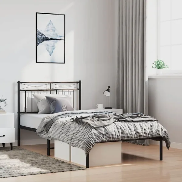 Cadre de lit métal sans matelas avec tête de lit noir 100x190cm