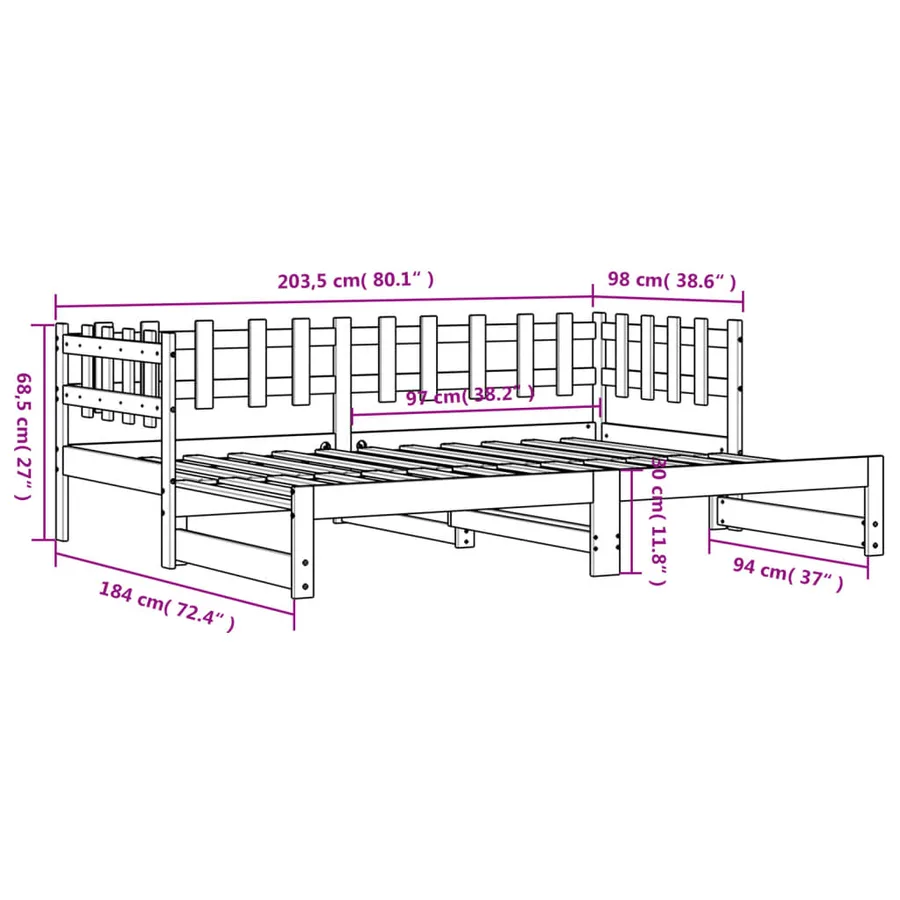 Lit coulissant sans matelas noir 2x(90x200) cm Bois massif - 13