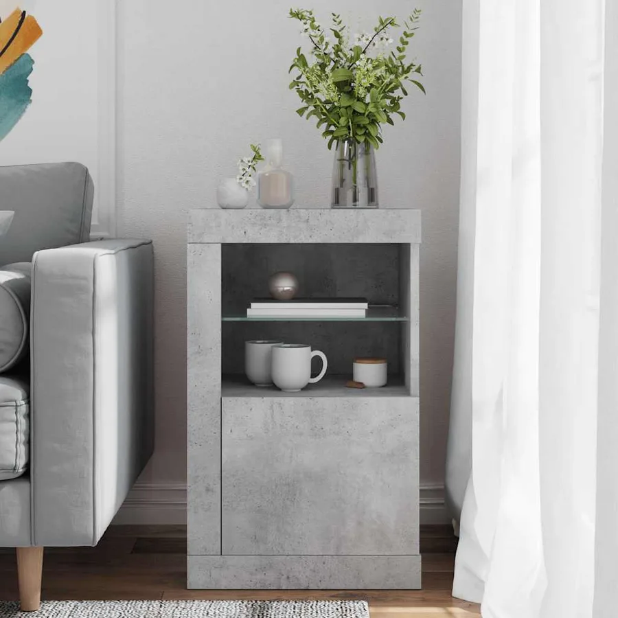 Armoire latérale avec lumières LED gris béton bois d'ingénierie - 3