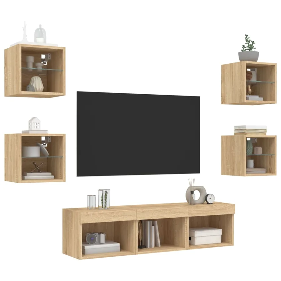 Unités murales TV avec LED 7 pcs chêne sonoma bois d'ingénierie - 4