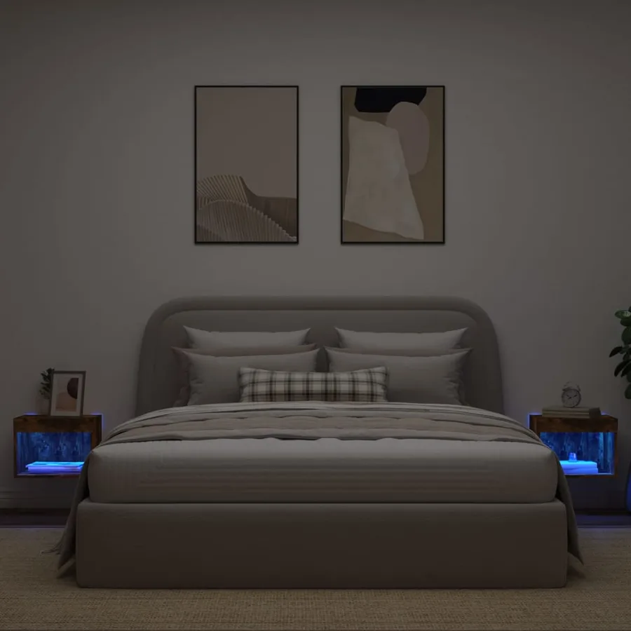 Tables de chevet murales avec lumières LED 2 pcs chêne fumé - 4