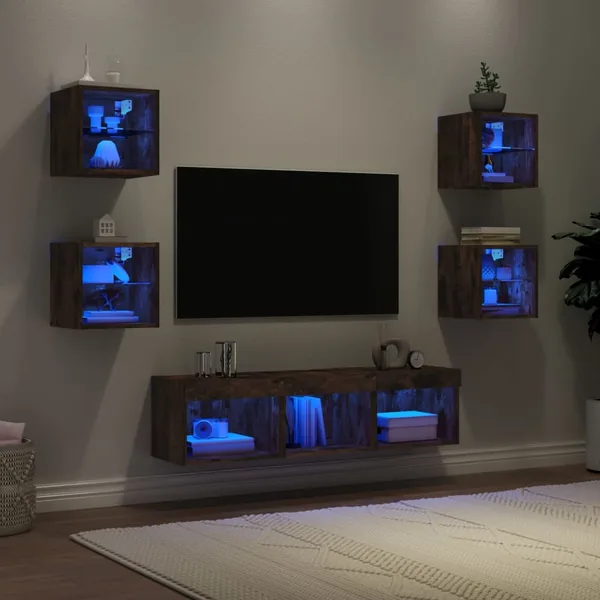 Unités murales TV avec LED 7 pcs chêne fumé bois d'ingénierie