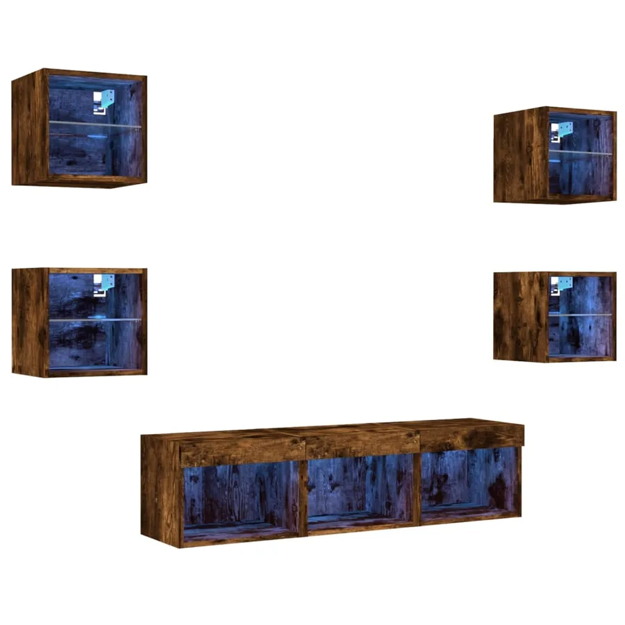 Unités murales TV avec LED 7 pcs chêne fumé bois d'ingénierie - 2