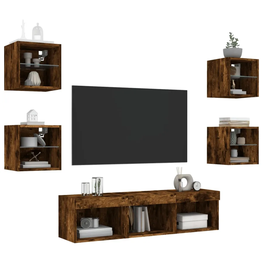 Unités murales TV avec LED 7 pcs chêne fumé bois d'ingénierie - 4