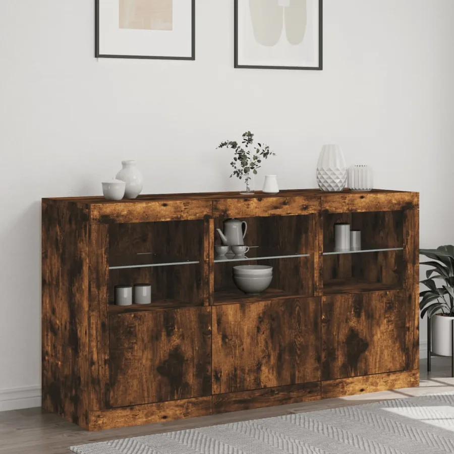 Buffet avec lumières LED chêne fumé 123x37x67 cm - 3