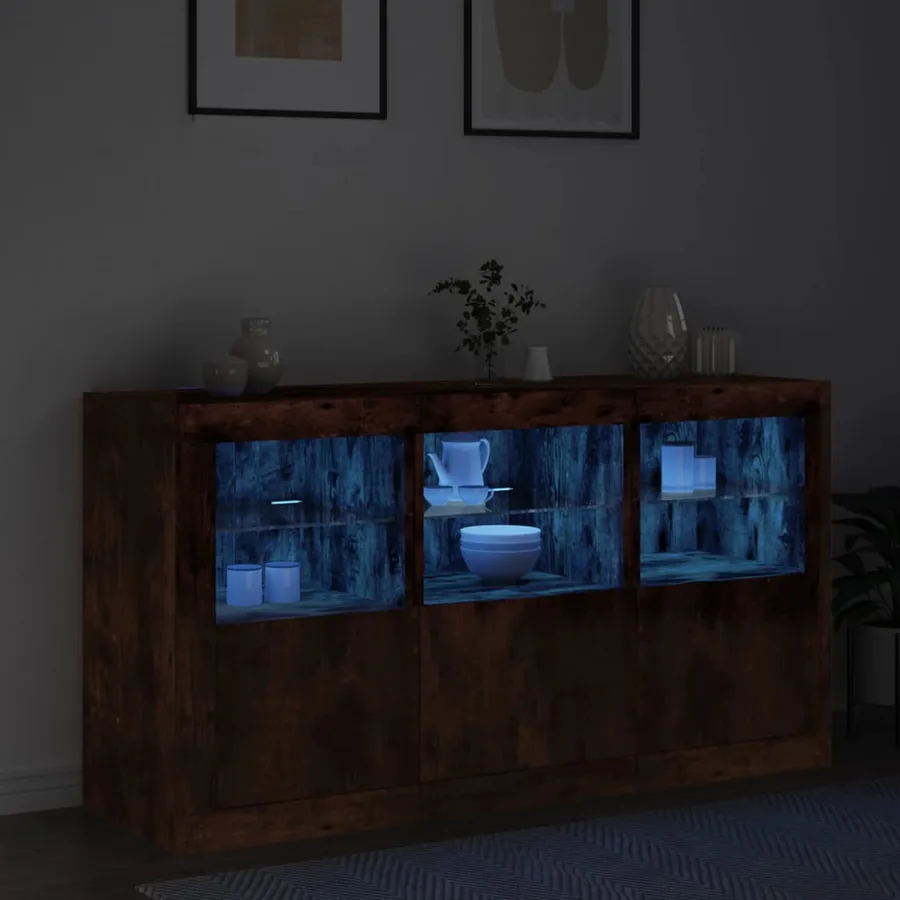 Buffet avec lumières LED chêne fumé 123x37x67 cm - 4