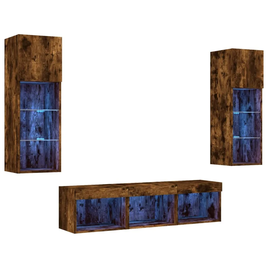 Unités murales TV avec LED 5 pcs chêne fumé bois d'ingénierie - 2
