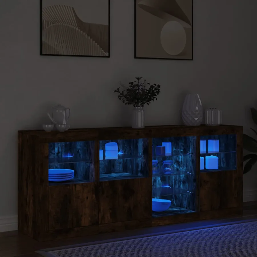 Buffet avec lumières LED chêne fumé 164x37x67 cm - 4