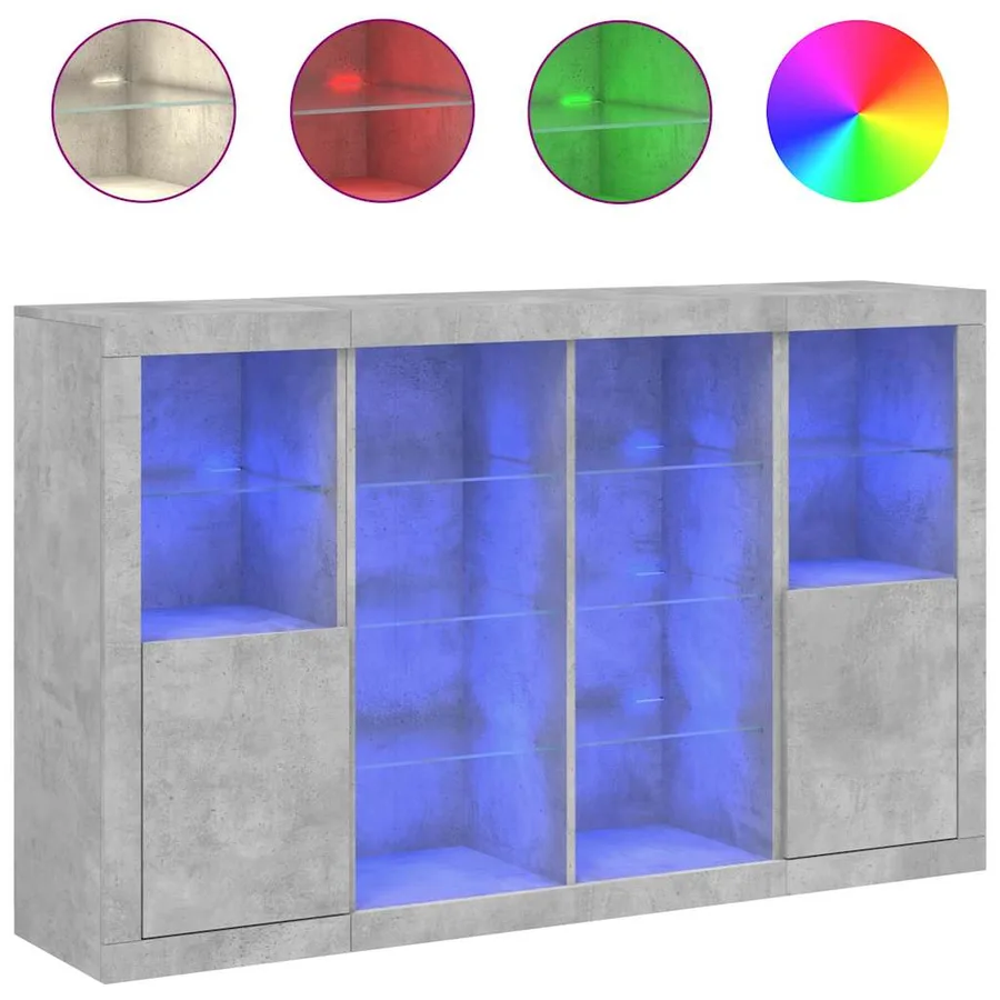 Buffets avec lumières LED 3 pcs gris béton bois d'ingénierie - 2