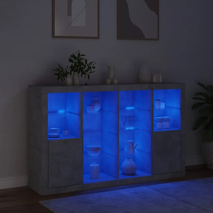 Buffets avec lumières LED 3 pcs gris béton bois d'ingénierie - 3
