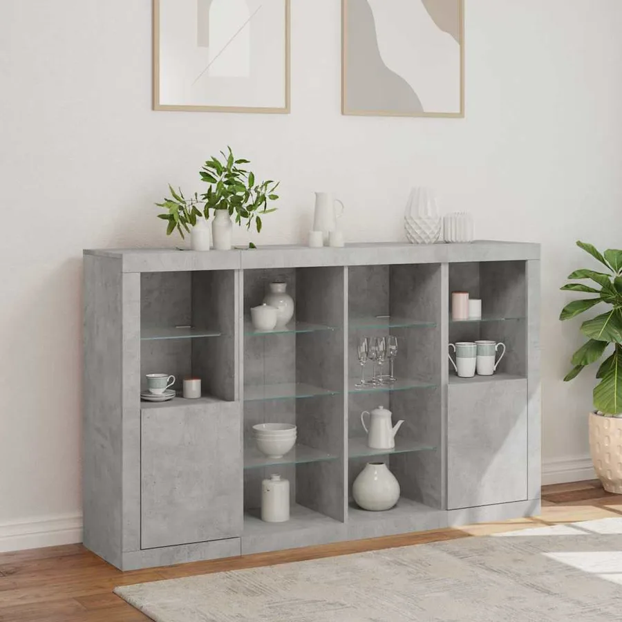 Buffets avec lumières LED 3 pcs gris béton bois d'ingénierie - 4