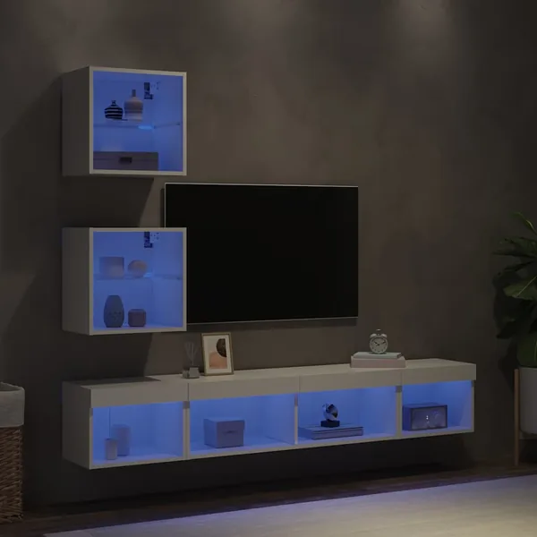 Unités murales TV avec LED 5 pcs blanc bois d'ingénierie