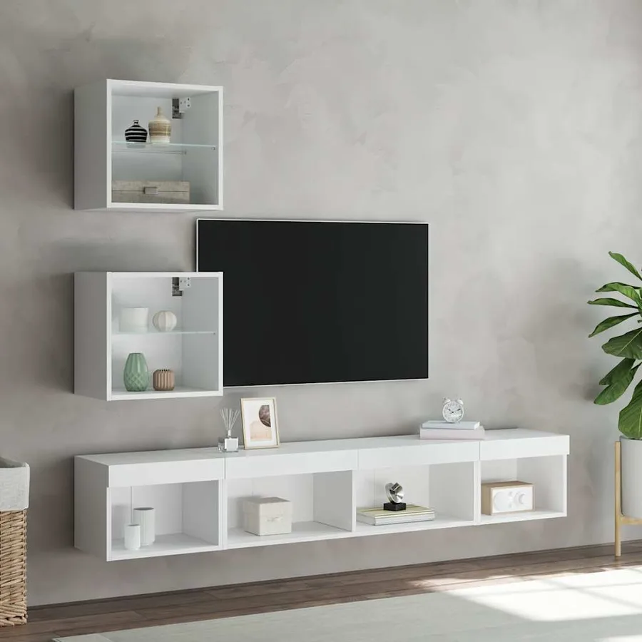 Unités murales TV avec LED 5 pcs blanc bois d'ingénierie - 4
