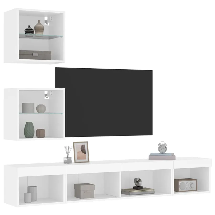 Unités murales TV avec LED 5 pcs blanc bois d'ingénierie - 5