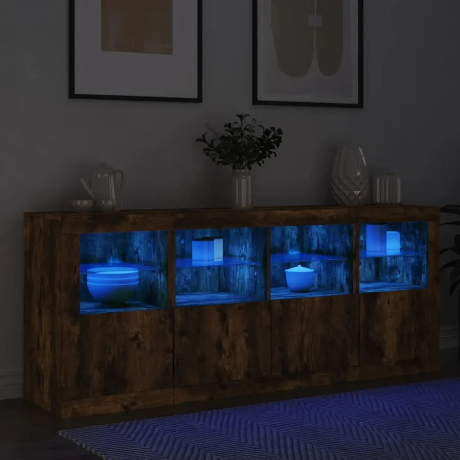 Buffet avec lumières LED chêne fumé 163x37x67 cm - 4
