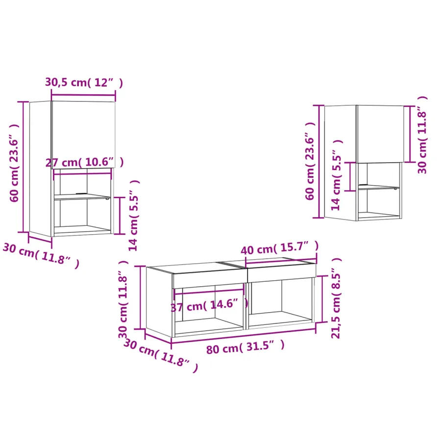 Meuble TV muraux 4 pcs avec lumières LED gris béton - 18