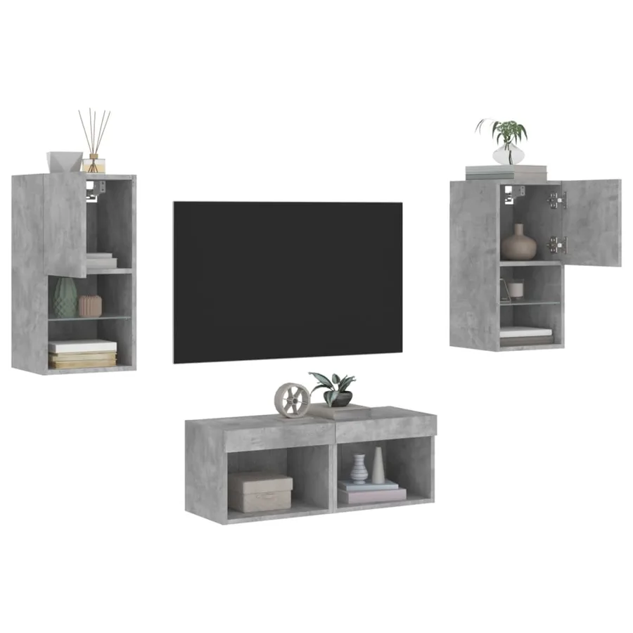 Meuble TV muraux 4 pcs avec lumières LED gris béton - 5