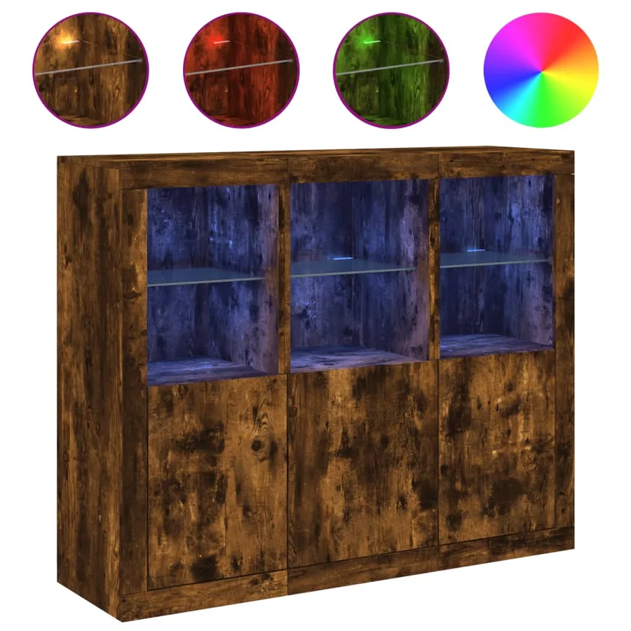 Buffets avec lumières LED 3 pcs chêne fumé bois d'ingénierie - 2