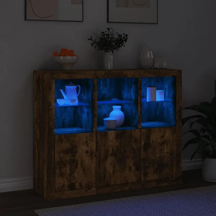 Buffets avec lumières LED 3 pcs chêne fumé bois d'ingénierie - 3