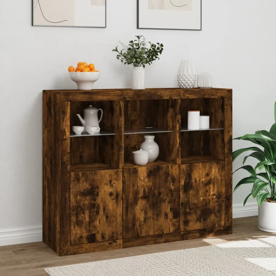 Buffets avec lumières LED 3 pcs chêne fumé bois d'ingénierie - 4