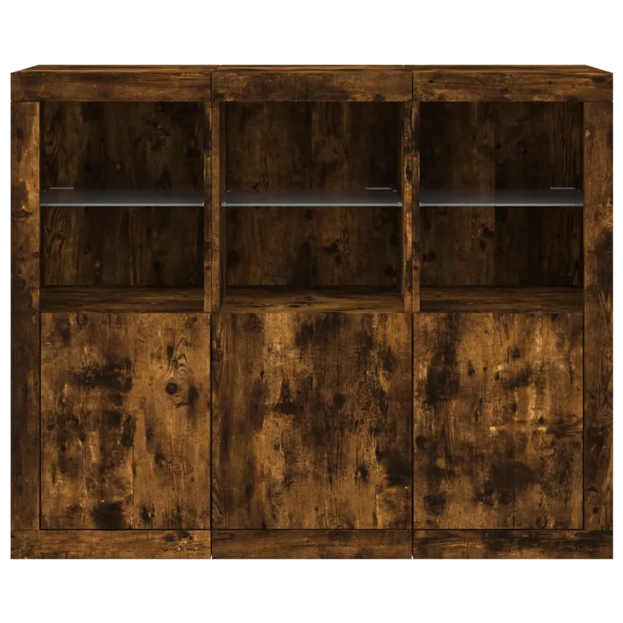 Buffets avec lumières LED 3 pcs chêne fumé bois d'ingénierie - 6