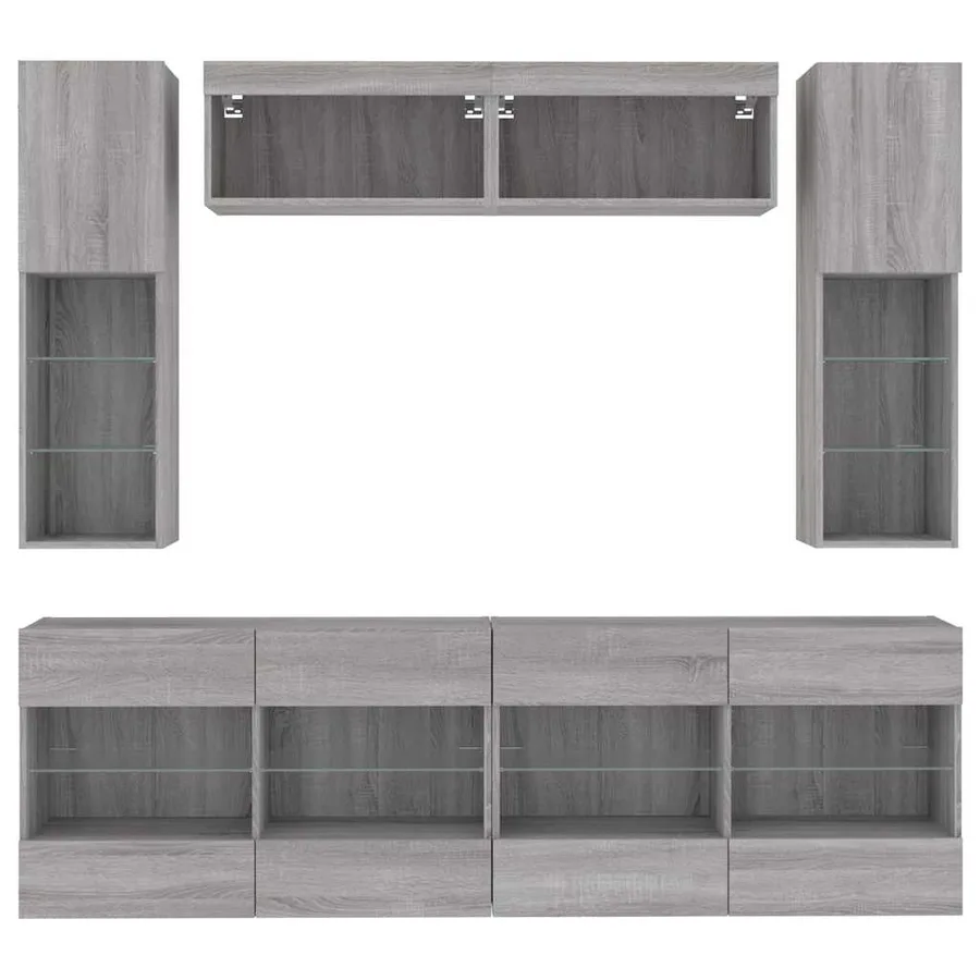 Ensemble de meubles TV muraux 6pcs et lumières LED gris béton - 6