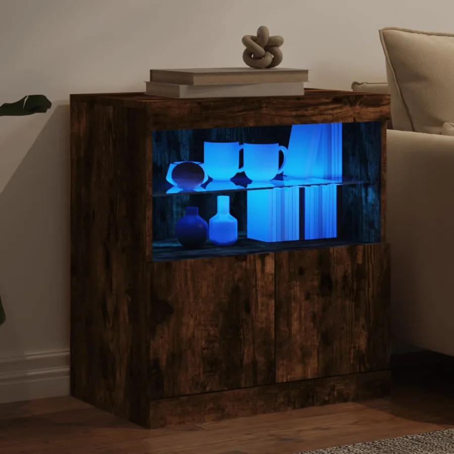 Buffet avec lumières LED chêne fumé 60x37x67 cm - 4