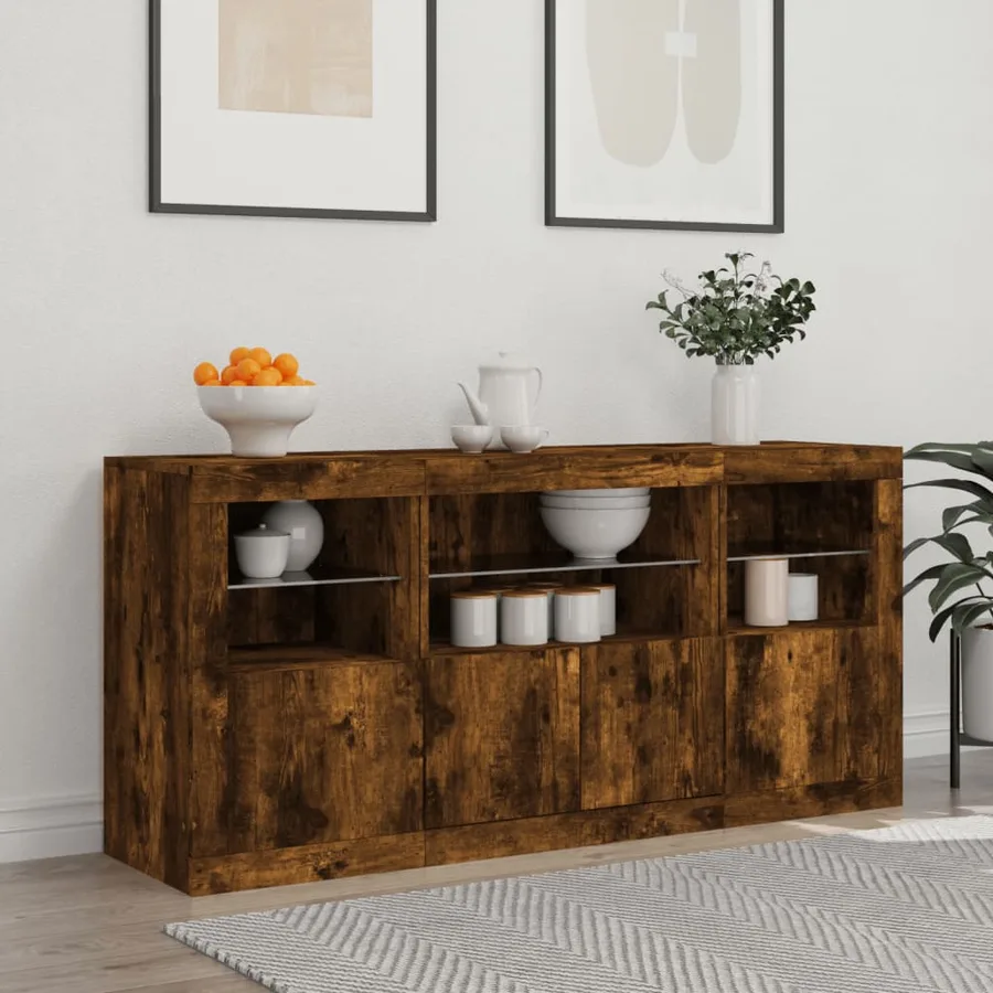 Buffet avec lumières LED chêne fumé 142,5x37x67 cm - 3