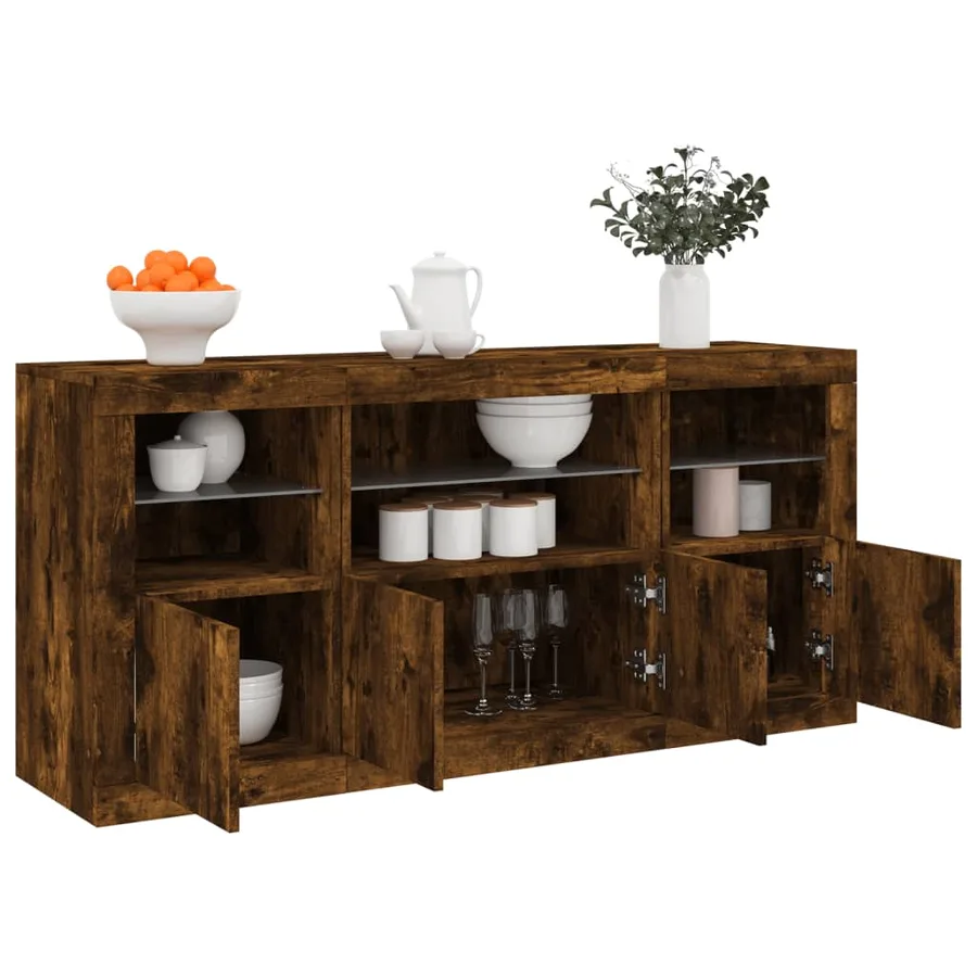 Buffet avec lumières LED chêne fumé 142,5x37x67 cm - 4