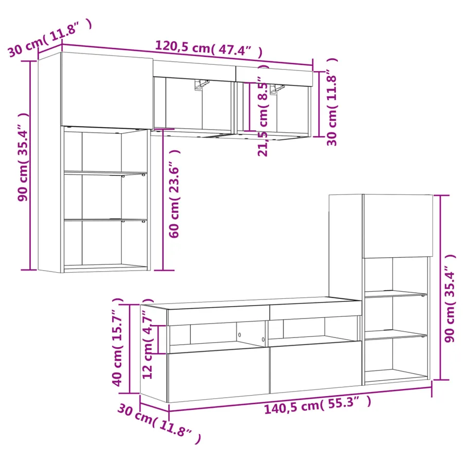 Unités murales TV avec LED 5 pcs chêne sonoma bois d'ingénierie - 20