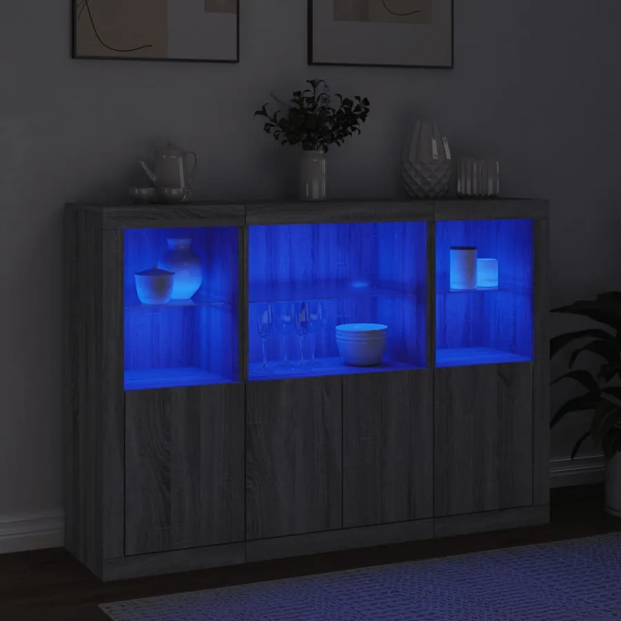 Buffets avec lumières LED 3 pcs sonoma gris bois d'ingénierie - 3