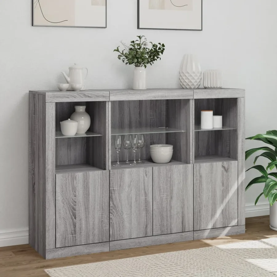 Buffets avec lumières LED 3 pcs sonoma gris bois d'ingénierie - 4