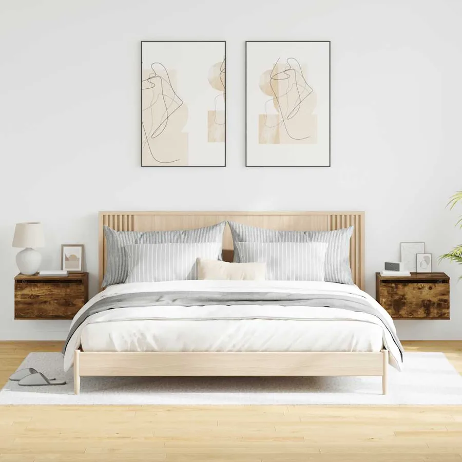 Tables de chevet murales avec lumières LED 2 pcs chêne fumé - 5