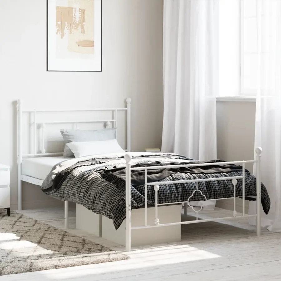 Cadre de lit métal sans matelas et pied de lit blanc 107x203 cm
