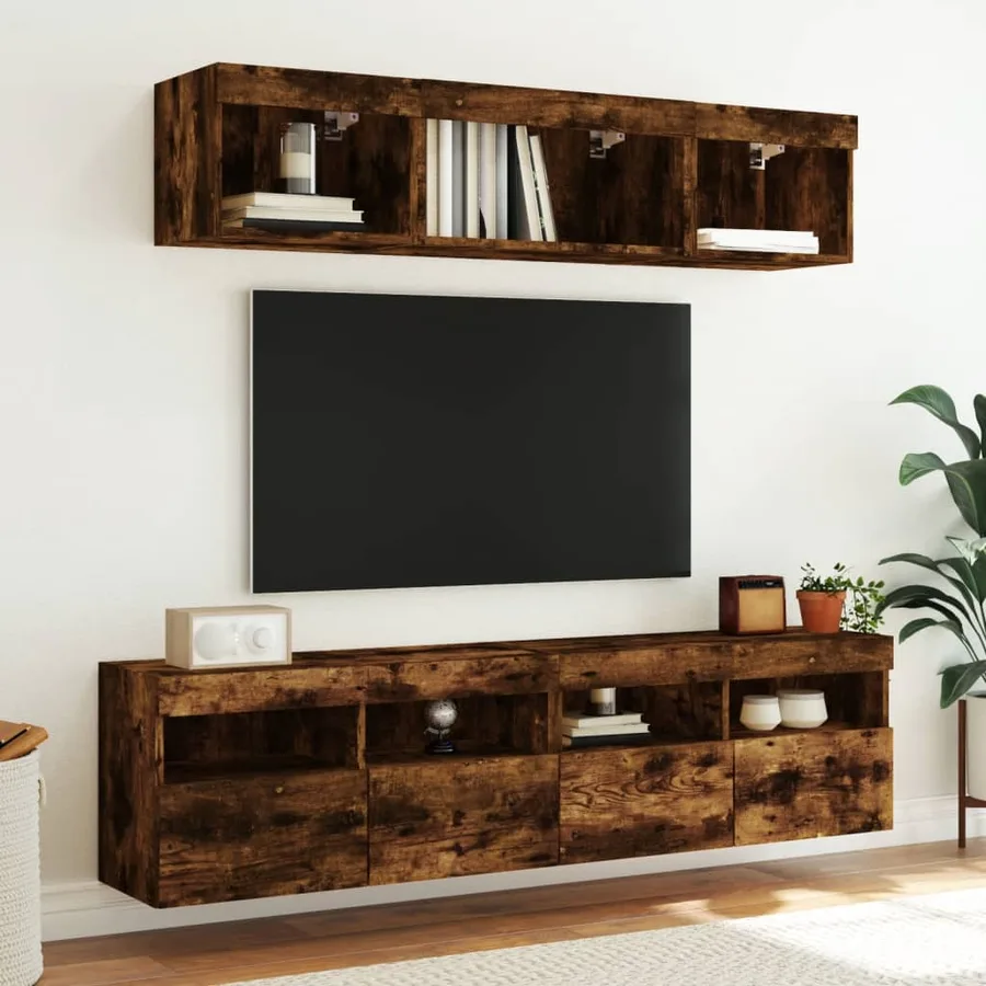 Meuble TV mural avec lumières LED chêne fumé 80x30x40 cm - 6