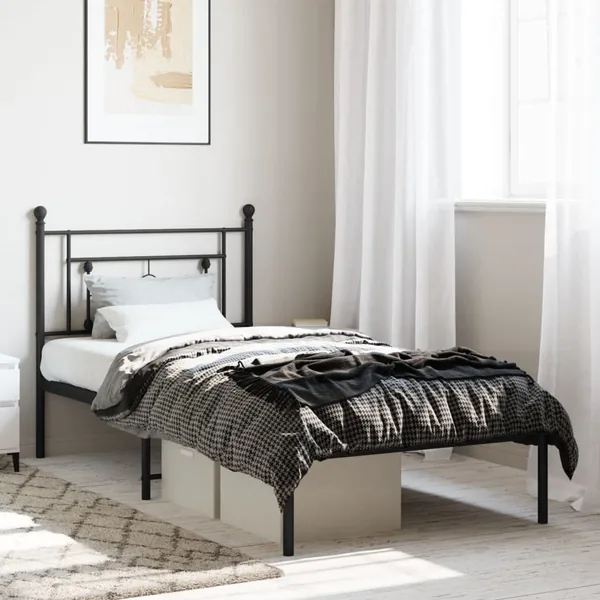 Cadre de lit métal sans matelas avec tête de lit noir 90x190 cm